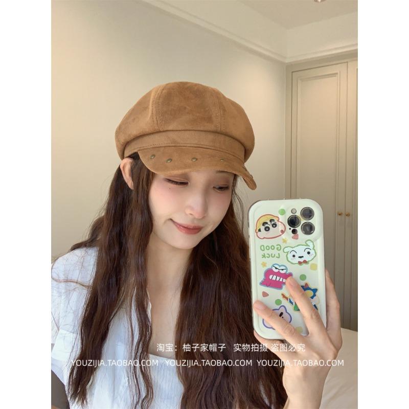 Women S Suede Rivet Metal Fashion Octagonal Hat For Large Head Circumference