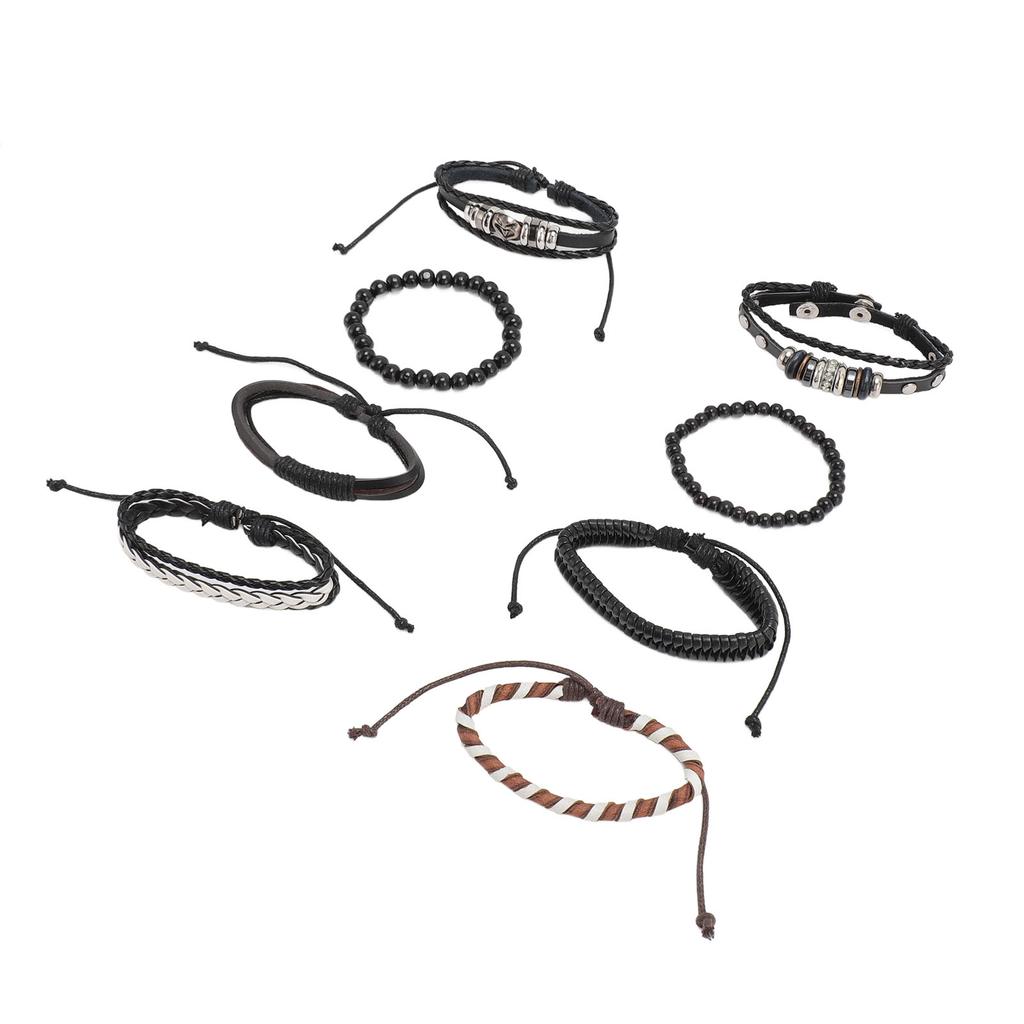 Flerlagrigt flätat armband PU-läder Vintage Universellt Unisex Afrikanskt pärlarmband Svart