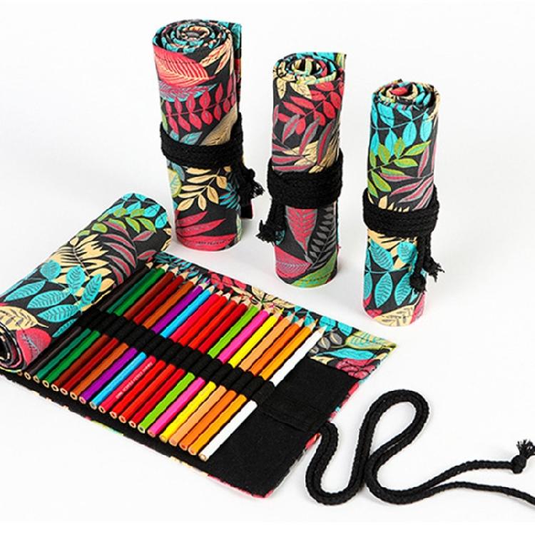 12/24/36/48/72 Holes Leaves Print Pencil Organizer Bag Canvas Pencil Wrap Pencil Roll Bag Pencil Storage Bag
