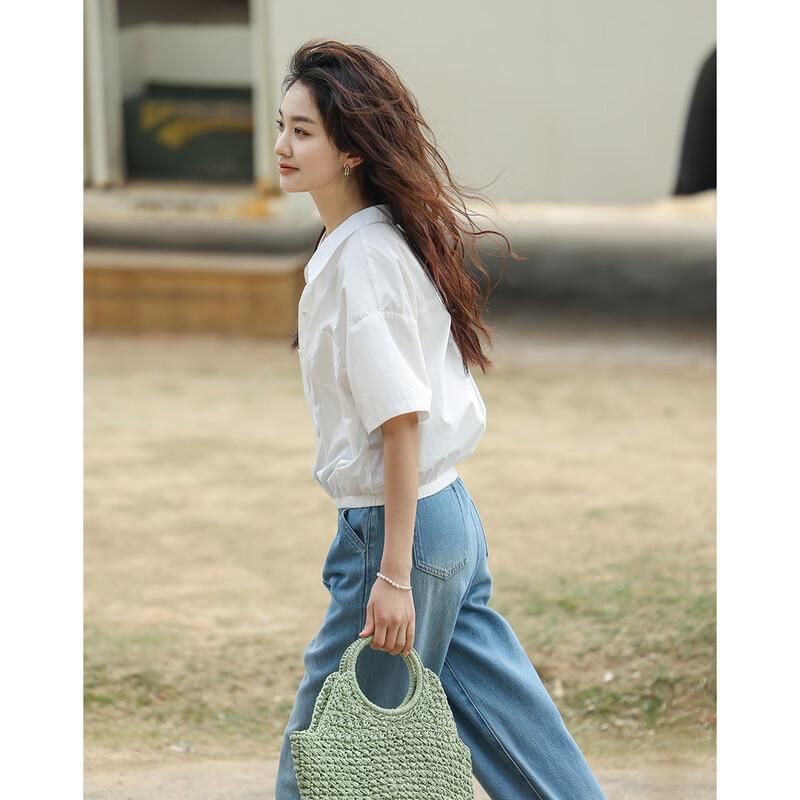 Demana Women s Cropped Short Sleeve Lapel Shirt S