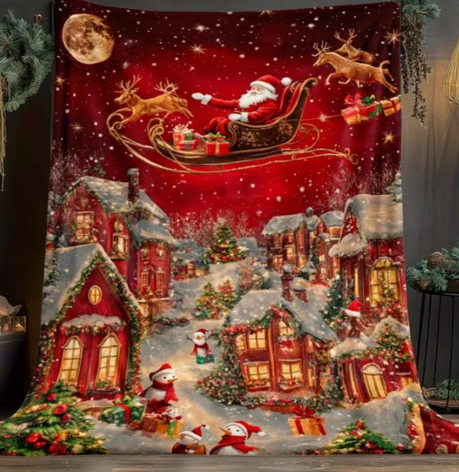1pc Holiday Santa and Reindeer Night Scene Flannel Blanket Soft, Warm HD Printed, Suitable for Sofa, Bed, Travel, Living Room