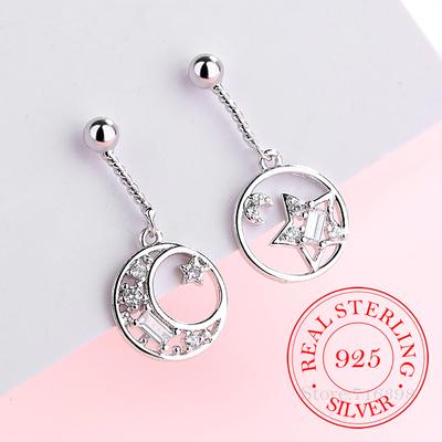 925 Sterling Silver Big Round Star Moon Statement Dangle Earrings For Women Lady Fashion Jewelry Pendientes Mujer Moda