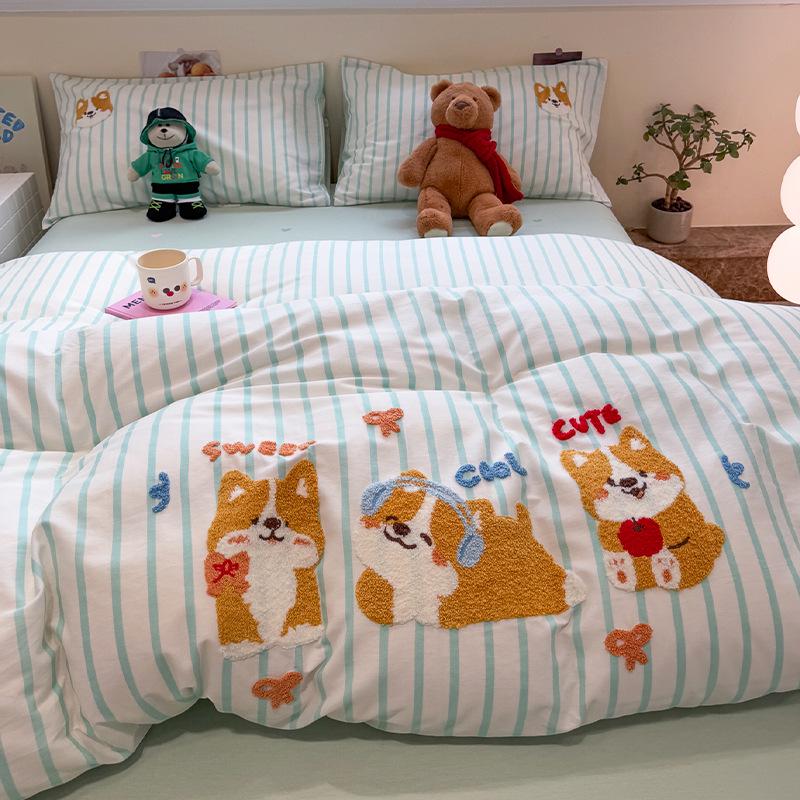 2025 New Style Full Cotton Embroidery Bedding Set: Includes Duvet Cover, Bed Sheet, and Three-Piece Dorm Towel Set