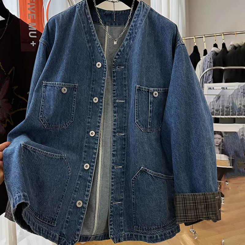 Women Spring Retro Versatile V Neck Loose Casual Jean Coat Top