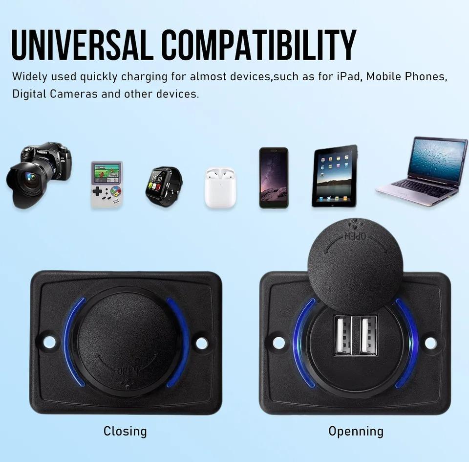 Dual USB 3.0 Car Charger Socket with Blue Indicator Light and Cap 12/24V Power Outlet for Car Boat Vehicle Bus RV ATV Phone Charger Adapter Panel