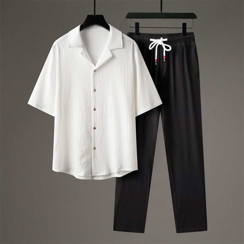 5-point Sleeve Casual Suit Men's Thin Linen Short Sleeved Sports Cotton Solid Color Chinese Style Two-piece Set Men