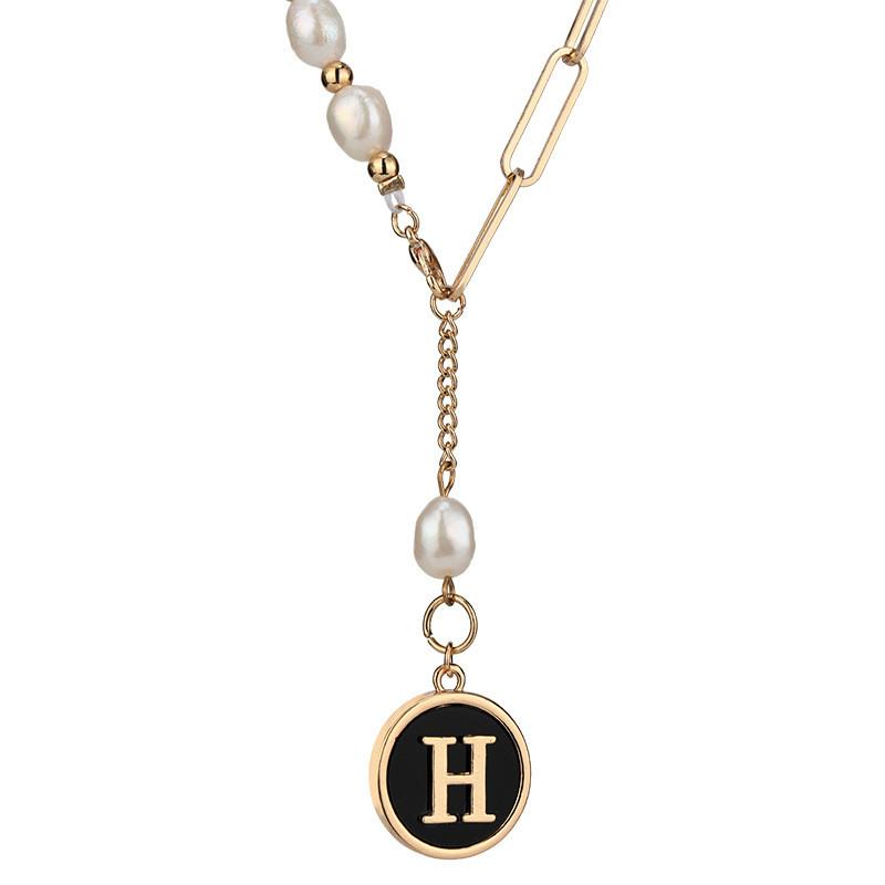 Elegant Korean Style Pearl Letter H Tassel Titanium Steel Necklace For Women And Men