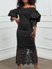 Women's One-Shoulder Lace Banquet Dress with Lantern Sleeves