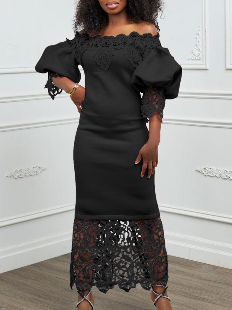 Women's One-Shoulder Lace Banquet Dress with Lantern Sleeves
