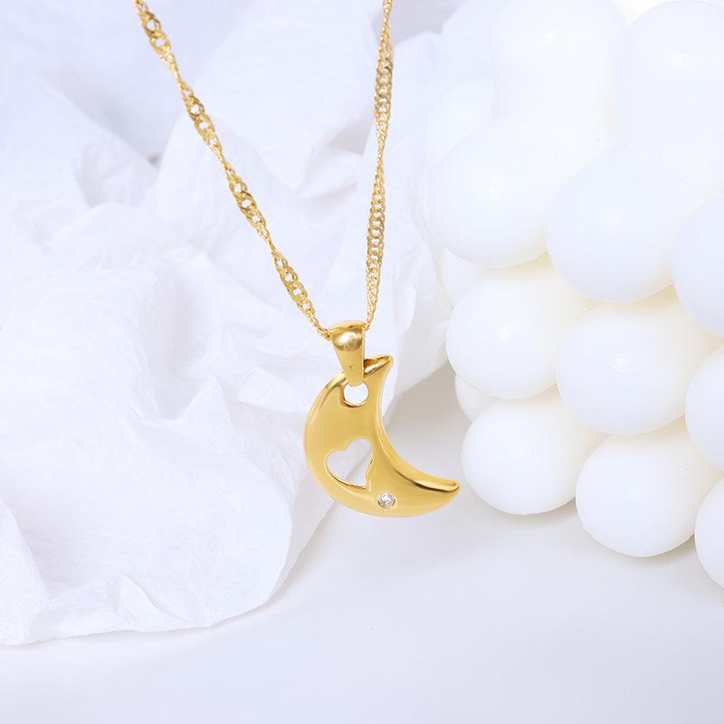 18K Gold-Plated Titanium Necklace with Heart and Moon Zircon Pendants