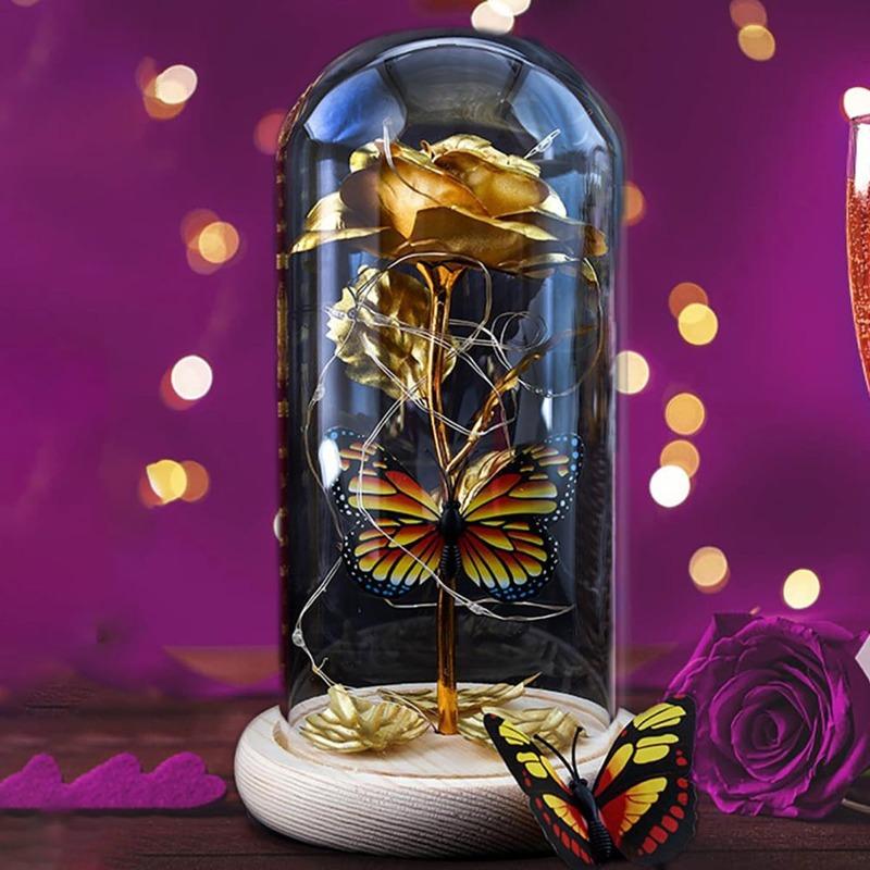 Galaxy Forever Rose In Cupola Di Vetro – Rosa Eterna Con Lamina D'Oro E 2 Farfalle, Luci LED, Regalo Per Festa Della Mamma E Compleanni