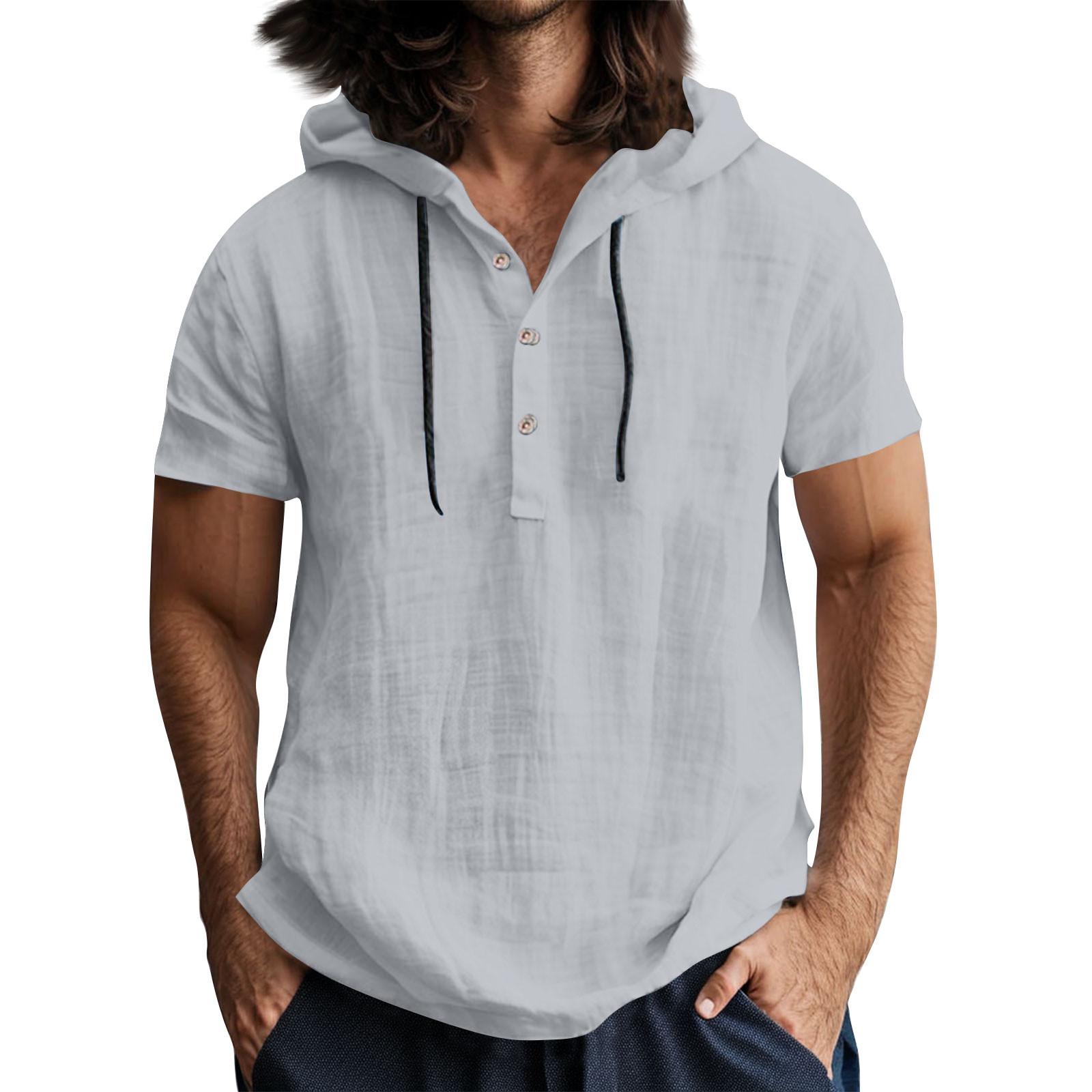 

Мужская повседневная футболка с короткими рукавами, капюшоном и открытым воротом на пуговицах XXL