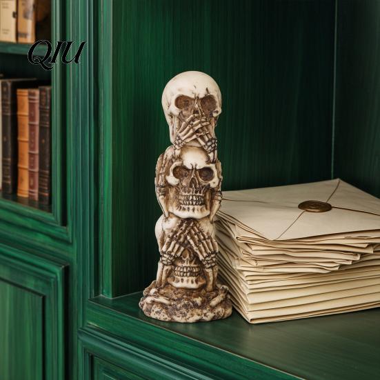 Alte Textur Schädel Sehen Hören Sprechen Kein Böses Figur, Gruselige Halloween Harz Dekoration Skelett Statue für Kaminsims, Tisch, Gothic Wohnkultur Vintage