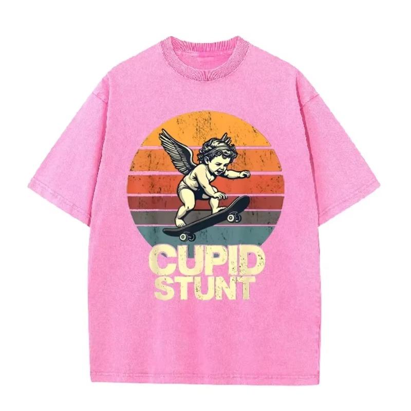 T-shirt Oversize Délavé Acide Graphique Skate Rétro Beige « Cupid Stunt »