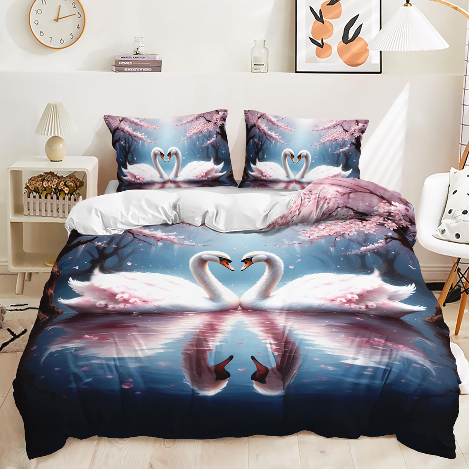

3D White Swan Couple Love Soft Duvet Cover Set Red Floral Rose Printed Beding Set Adorable Lovely Animal Super Soft Polyester Warm Comforter Covers 100*200cm Single