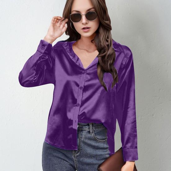 Women Shirt Lapel Long Sleeve Smooth Satin Shirt Tops Solid Color Loose Fit Casual Shirt Office Lady Shirt Daily Wear