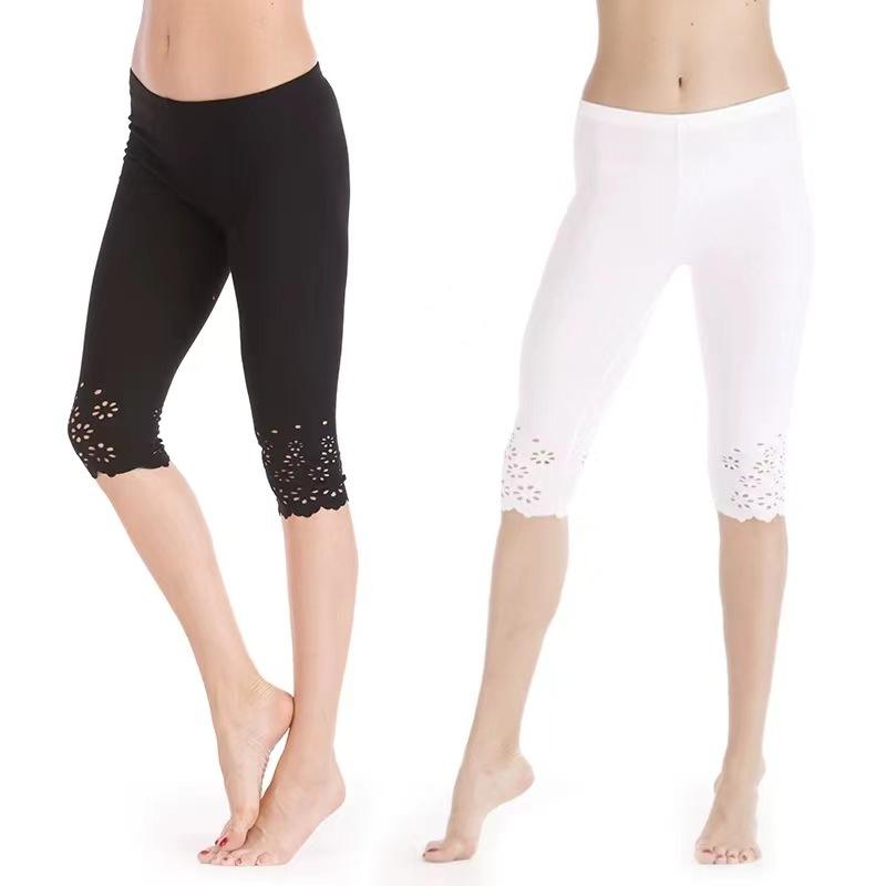 Women's Summer Hollow-Out Embossed 7/10 Length Leggings, Hot Selling Anti-Sheer Safety Base Pants