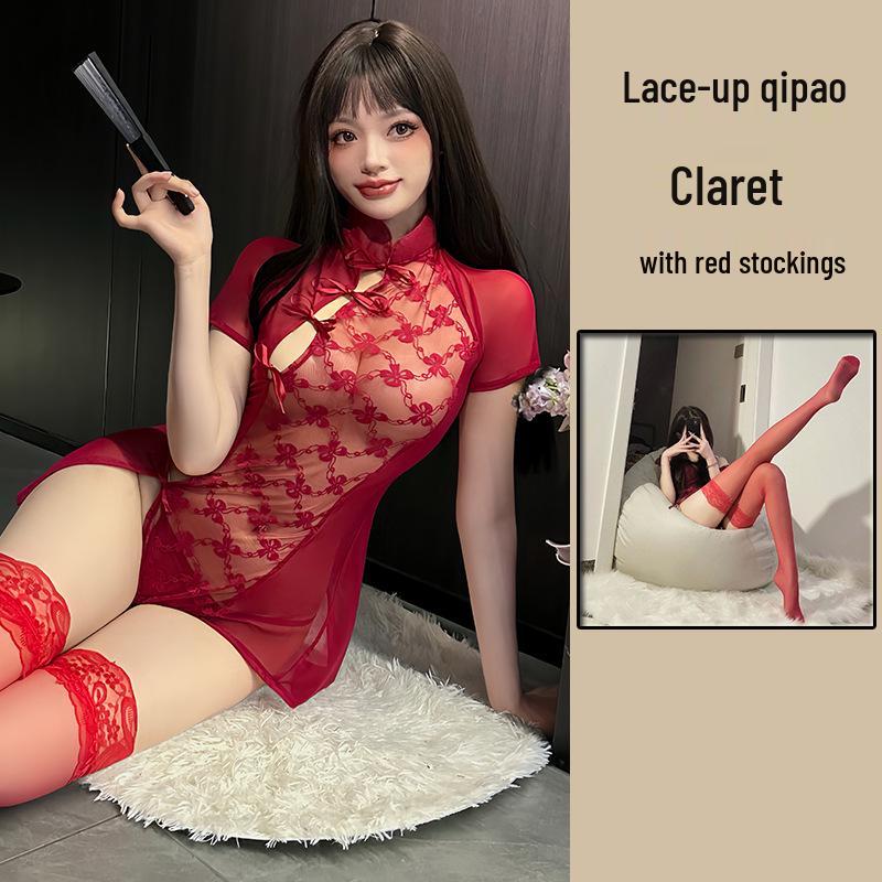 Mu Xiaochu Lace Patchwork Cheongsam Sexy See-Through Lingerie Set with Tie-Up Nightdress for Women X14