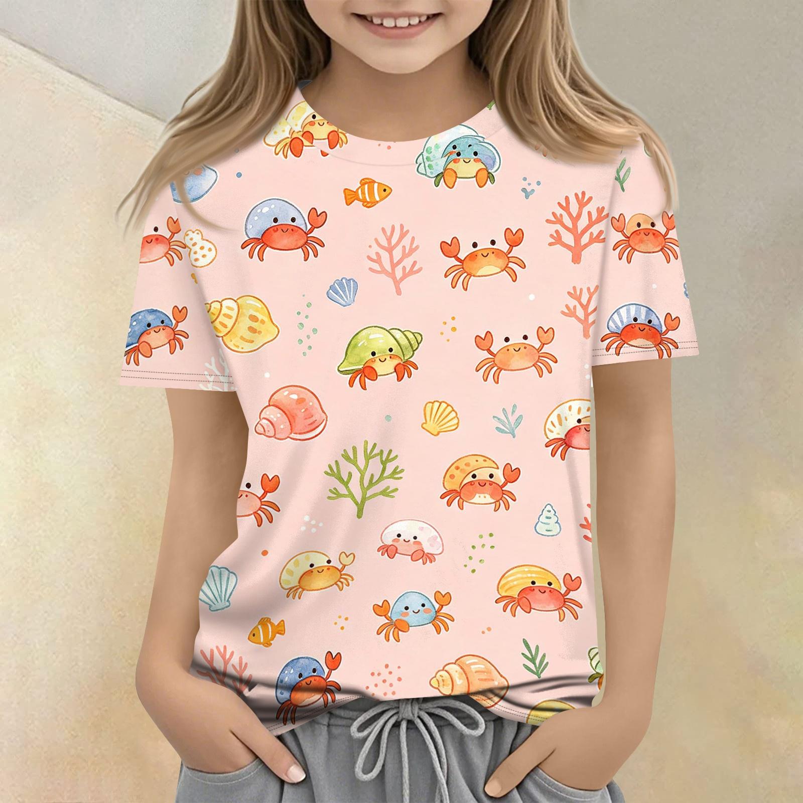 

Kids Animal Print Crew Neck Short Sleeve Casual Loose Fit T Shirt Top Soft Comfortable Fabric Lightweight Breathable Design 140 розовый