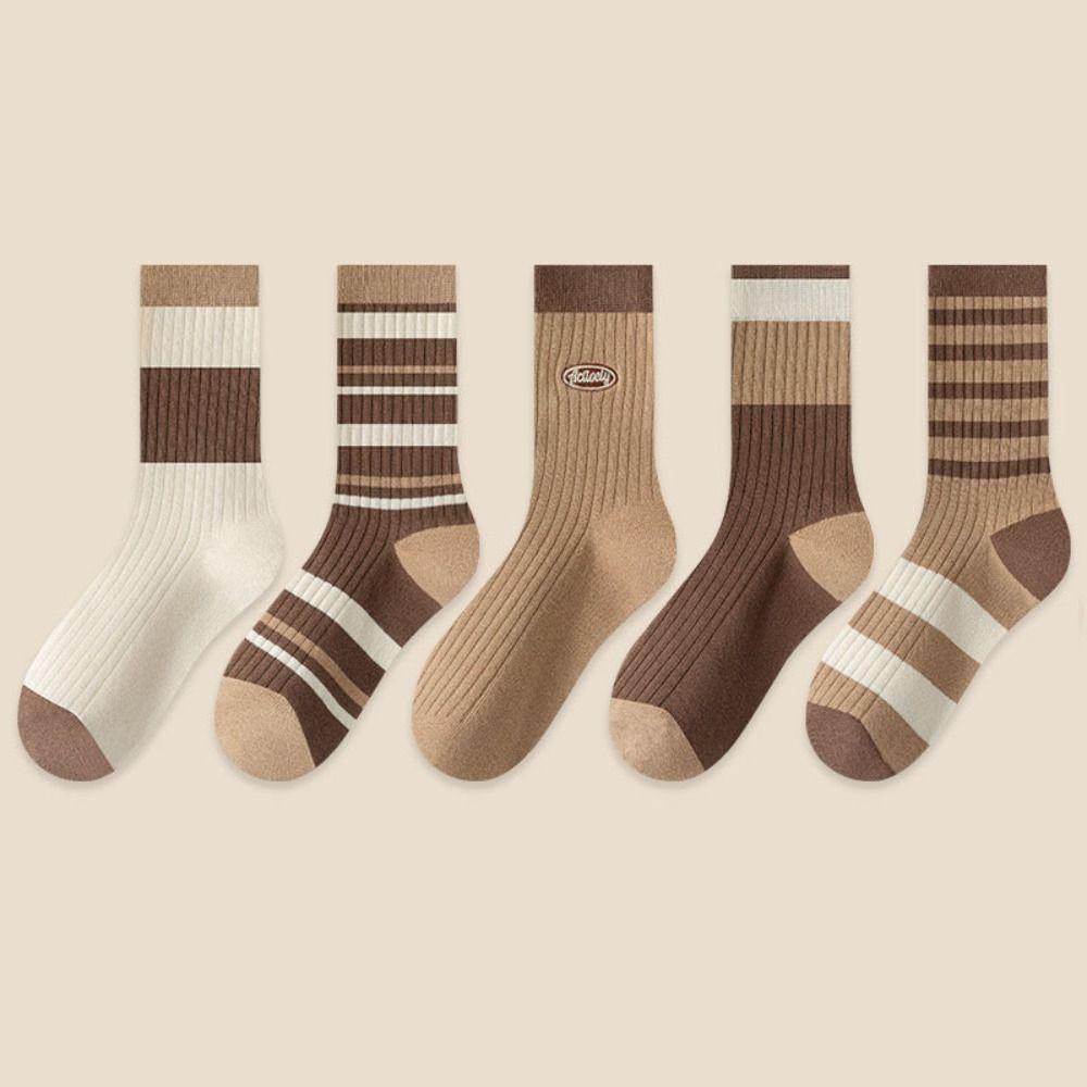 5Pairs Soft Women's Cotton Socks Breathable Mid-calf Socks Stripe Tube Socks  for Four Seasons