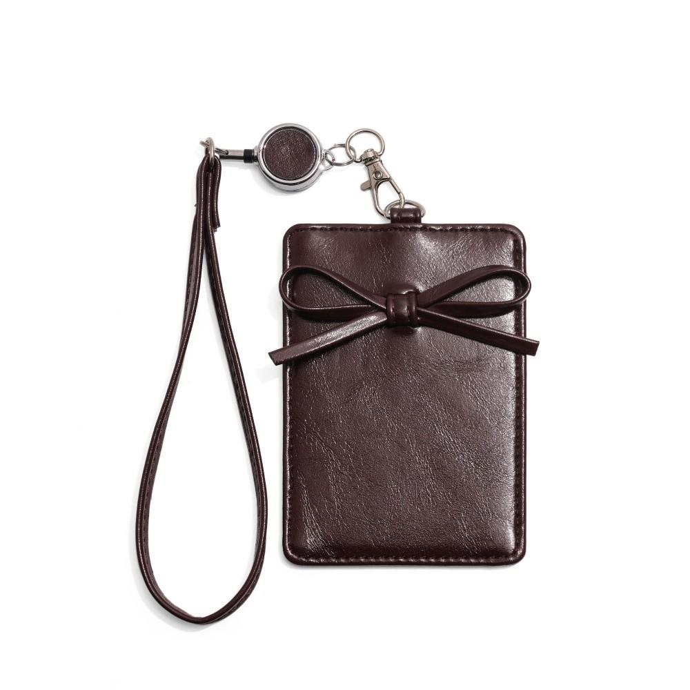 Creative Bow Card Holder Retractable Lanyard PU Leather Photos Protective Cover ID Card Card Holder кофейный