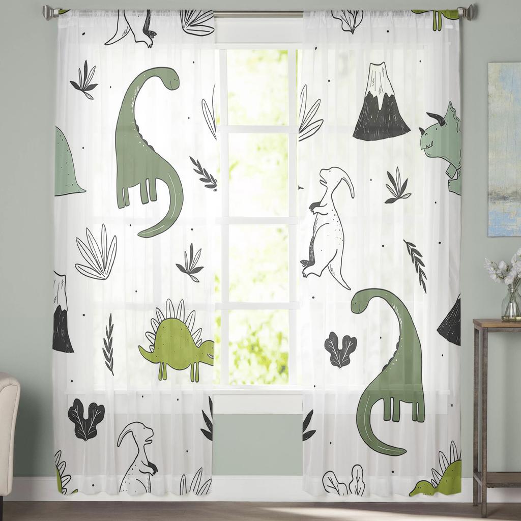Djurgrön dinosaurieväxt Tyll Skira fönstergardiner för vardagsrum Kök Barn Sovrum Voile Hänggardin