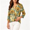 Women's Vintage Floral Print Henley Button Neck Shirt Three Quarter Sleeve Cotton Linen Blend Casual Top