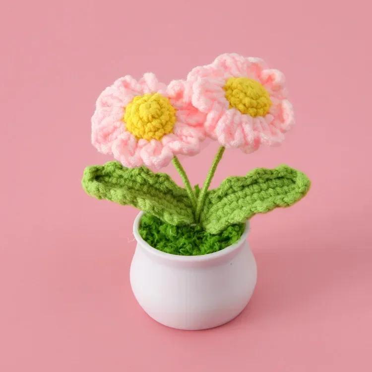 

Cute Daisy Crochet Flowers Potted Woven Flower Creative Artificial Flowers Car Office Table Decor Handwoven Plant Flor Tejida розовый
