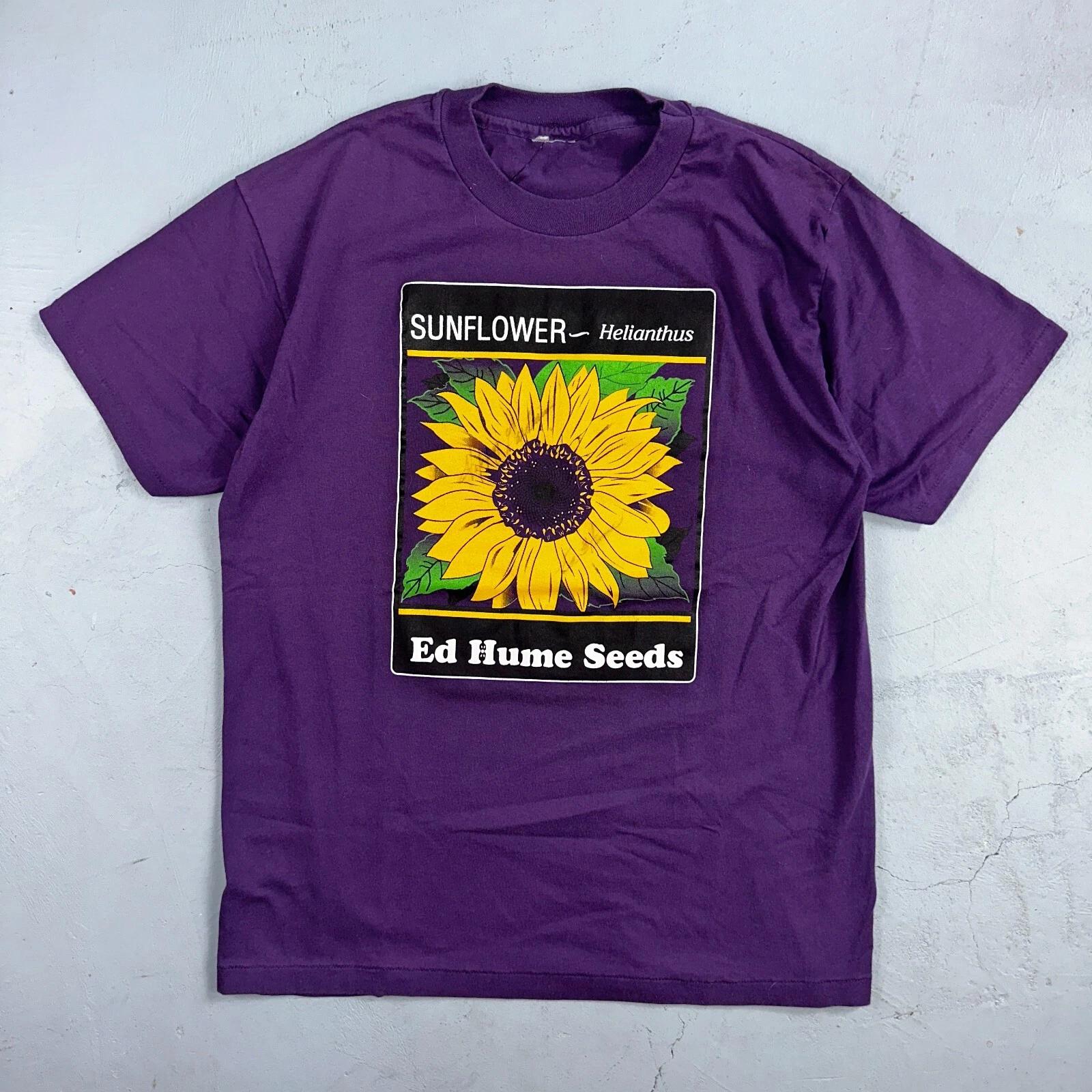 

Sunflower Ed Hume Seeds VTG T Shirt Helianthus Art Purple Single Stitch 90s M