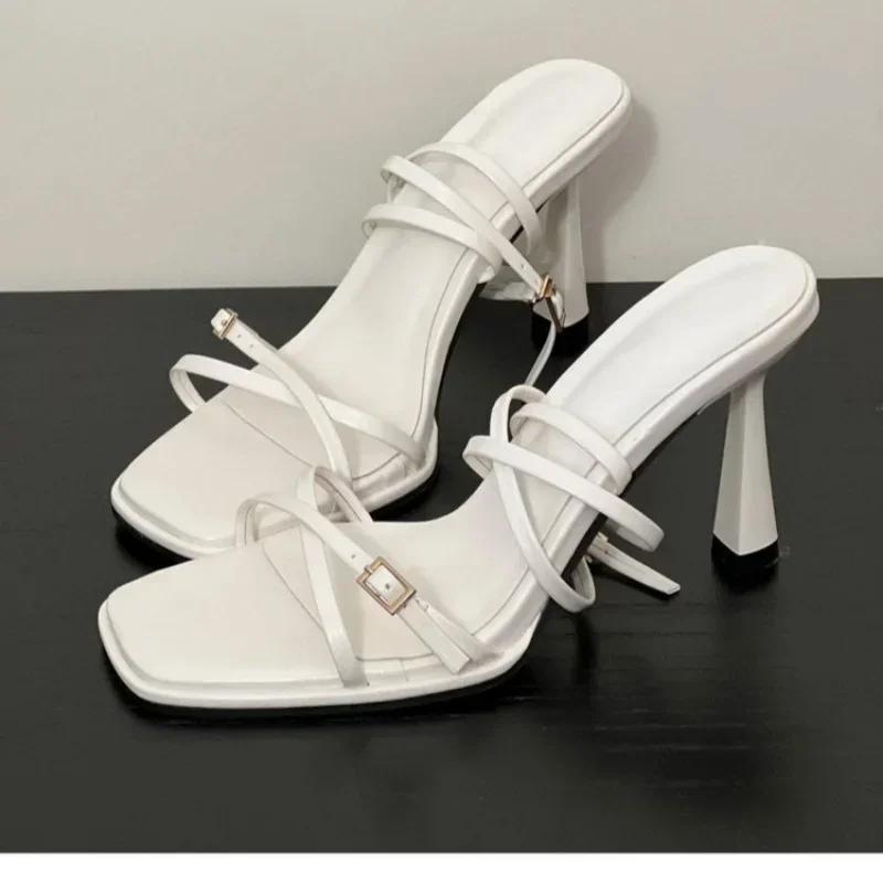 Women's Ankle Buckle High Heel Sandals Breathable Sexy Party Shoes for Women Ladies Front Cross Strap Open Toe Square Toe Shoes