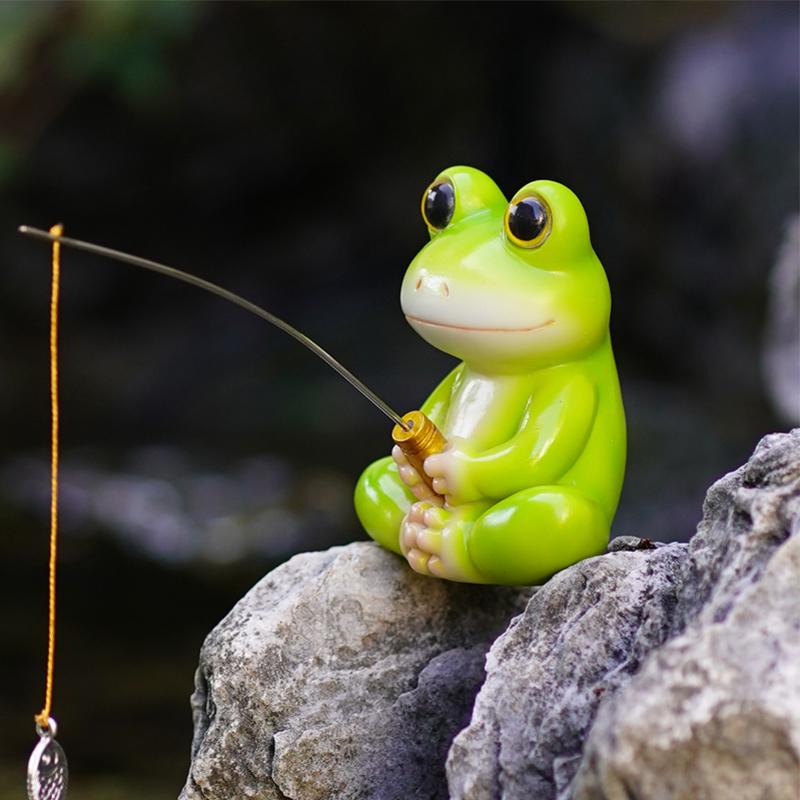 Animal Garden Statue Resin Cat Fishing Figurines Sculpture Frog Fishing Duck Fishing Yard Art Ornament For Fairy Garden Patio