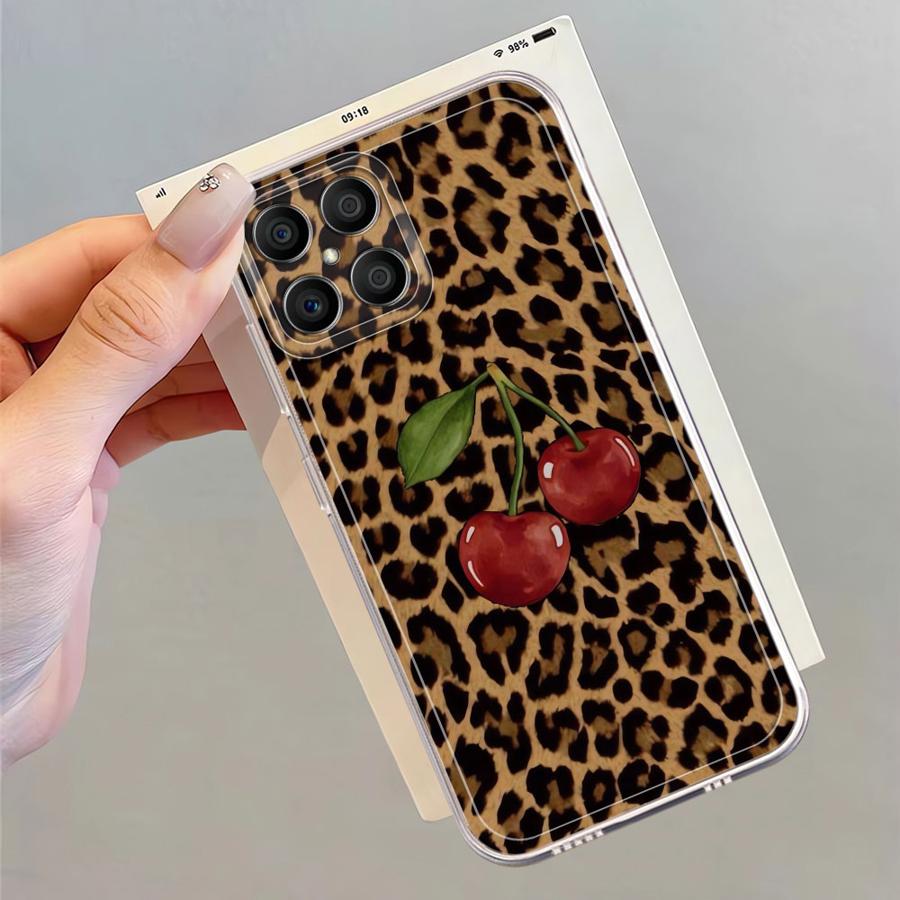 Leopard-patterned Cherry Soft Phone Cover Case for Honor X8a X8 X9a X8b X9b 90 Lite X7b