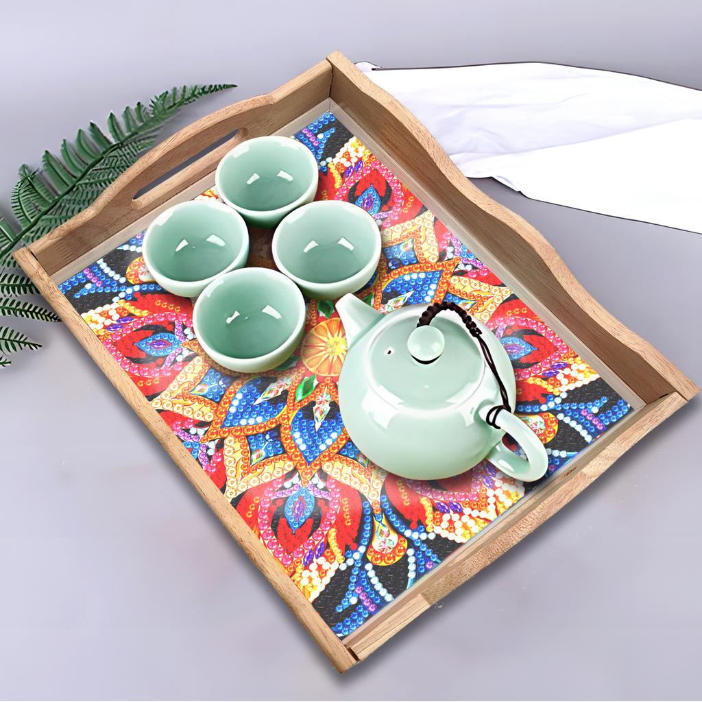 Mandala Pattern Wood Serving Food Trays With Side Handles Large Capacity Housewarming Christmas Gifts For Restaurants Homes