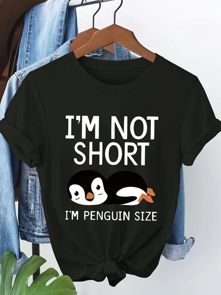 Polyester 100% European and American Penguin Print Round-neck Short-sleeved Women's Top Fashionable Base Layer Aesthetic Clothes