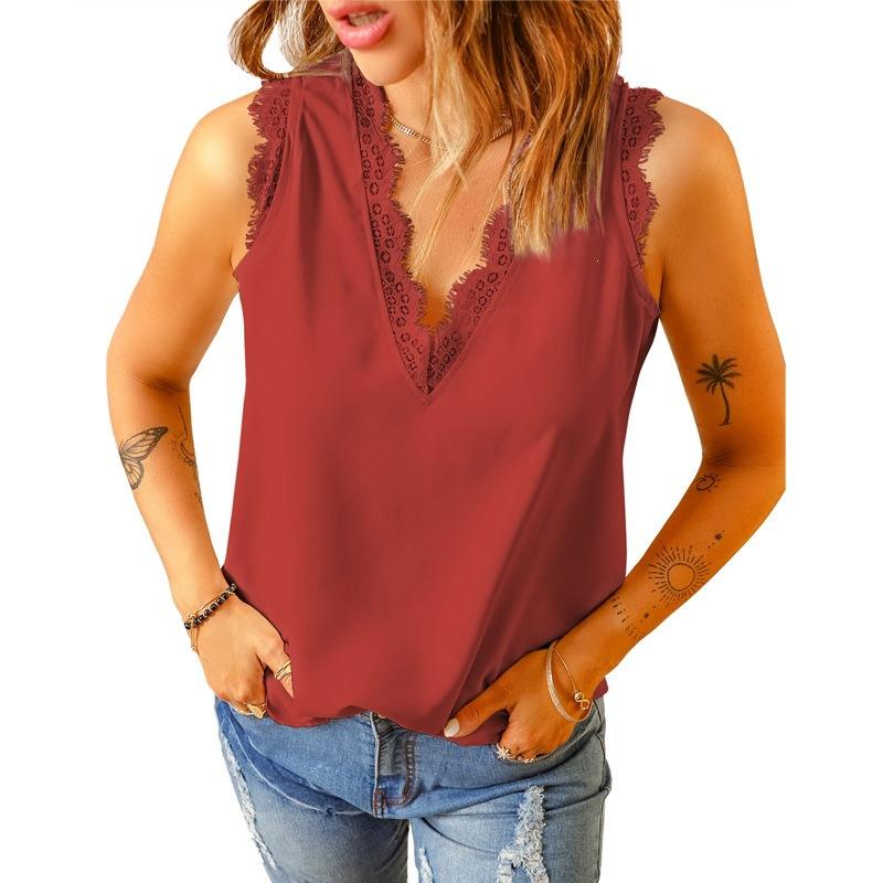 Women's V Neck Sleeveless Tank Top Loose Lace Trim Solid Color Casual Camisole