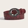 Vintage Dark Red Rose Double Horse Head Leather Belt - Unisex, Retro, Decorative Accessory.