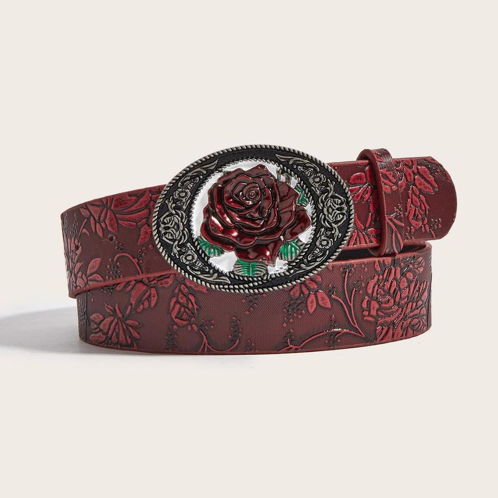 Vintage Dark Red Rose Double Horse Head Leather Belt - Unisex, Retro, Decorative Accessory.