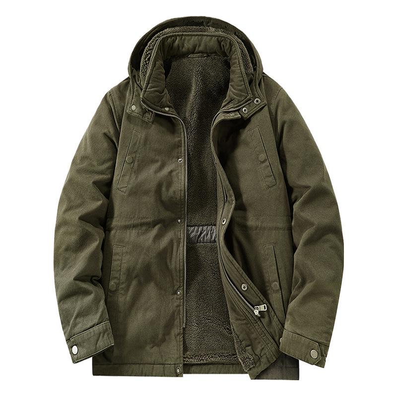 

Men s Retro Fleece-Lined Mid-Length Hooded Workwear Jacket Large армія зелений колір