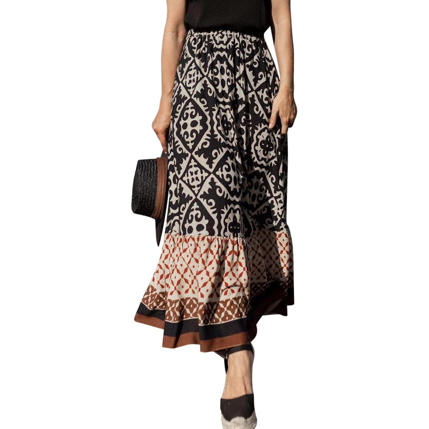 

Женская летняя макси-юбка с высокой талией, плиссированная юбка, затягивающаяся на шнурок, с цветочным принтом, оборками, юбка А-силуэта S чёрный