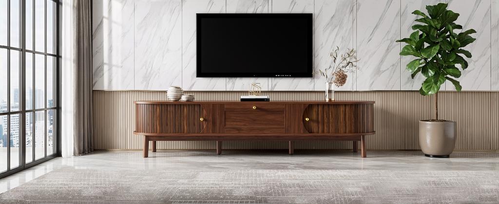 Modern TV Stand made of Solid Wood with Drawers, Classic Rounded Corners, Sturdy Wooden Legs, TV Stand with Storage Space for the Living Room.