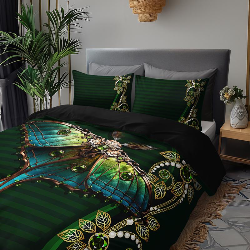 3Pcs Luxury Green Emerald Moth Bedding Duvet Cover Set Steampunk Moth Bedding Quilt Set Insect Themed Bed Quilt Set Bohemian