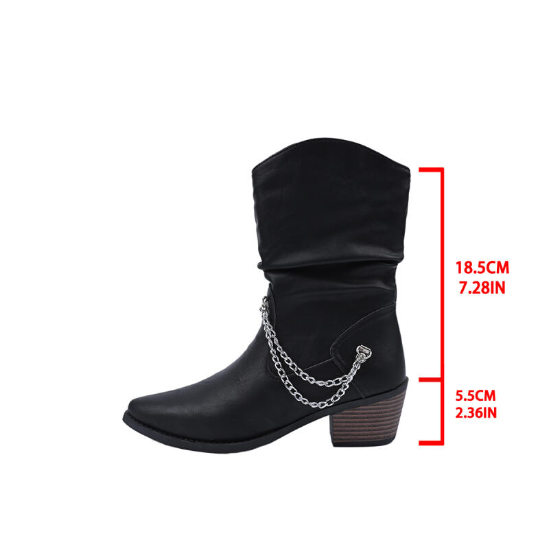 Fashion Vintage Pointed Toe High Heel Western Cowboy Boots Women 2025 Winter Comfort Side Zip Ankle Boots Metal Chain Designer Shoes