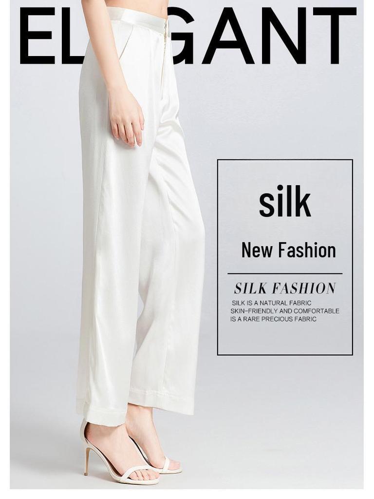 2025 Women's Mulberry Silk Wide-Leg Pants: Loose, White, Straight, Large Size, Casual Spring/Summer Wear