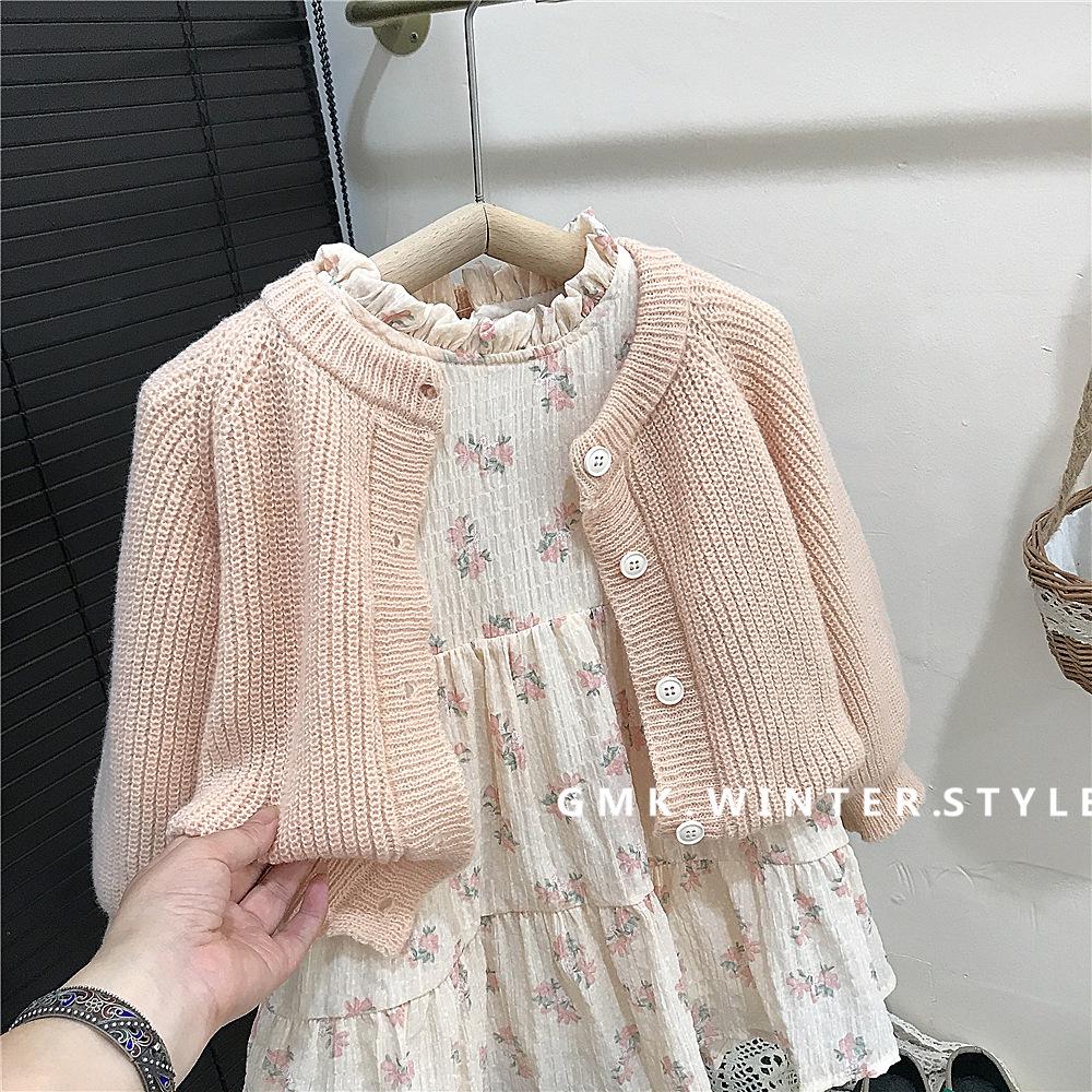 Kids' Korean Mohair Bubble Sleeve Knitted Cardigan & Floral Stand Collar Dress