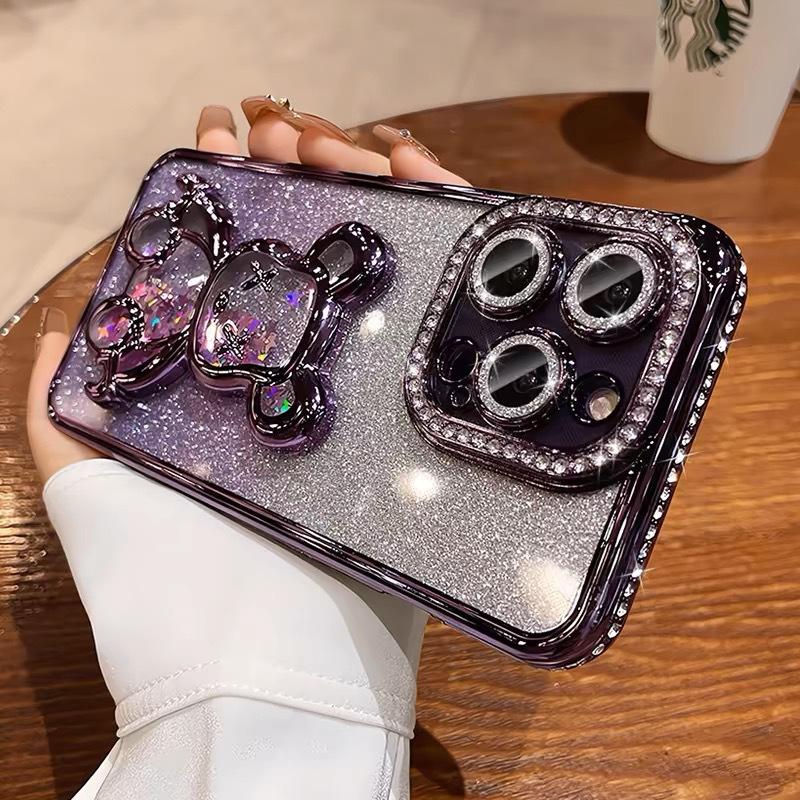 Quicksand Violent Bear Applies To Apple 17 Mobile Phone Case Electroplated Rhinestone iPhone16promax Lens Flash Drill Soft Case