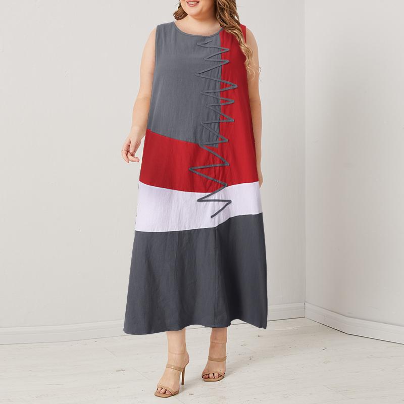 Women Summer Crew Neck Patchwork Sleeveless Tank Dress