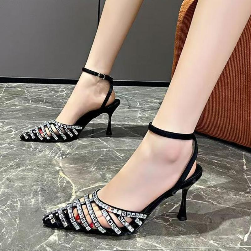 

2025 French High Heels Women s New Stiletto Heel Pointed Toe Hollow Sandals Fashion Rhinestone Cut-out Sandals 35-40 35 чёрный