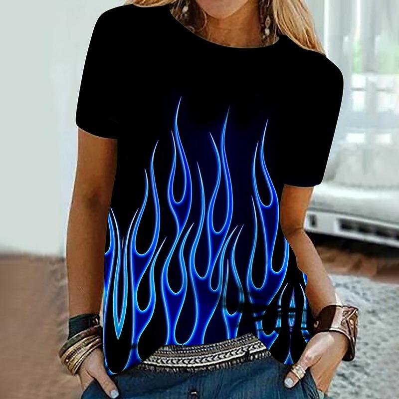 Maglietta Stampa 3D Fiamma Colorata Estiva Donna Vintage Streetwear Manica Corta Magliette Y2k Top T-shirt Harajuku Abbigliamento Oversize