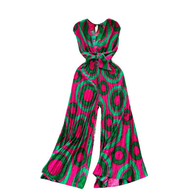 Holiday Ins Wear Women's Fashion Fancy Sleeveless V-neck Lace Up Waist Trimming Printing Loose Wide Leg Pleated Jumpsuit