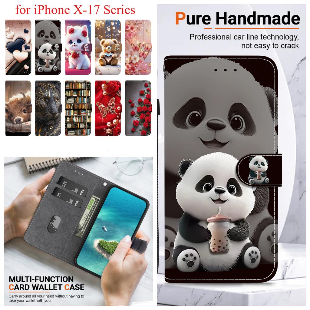 Handmade PU Leather Flip Case for iPhone X/11/12/13/14/15/16/17 Series - Anti-Slip Shockproof Cover with Wrist Strap & Heart/Rose Cat Designs